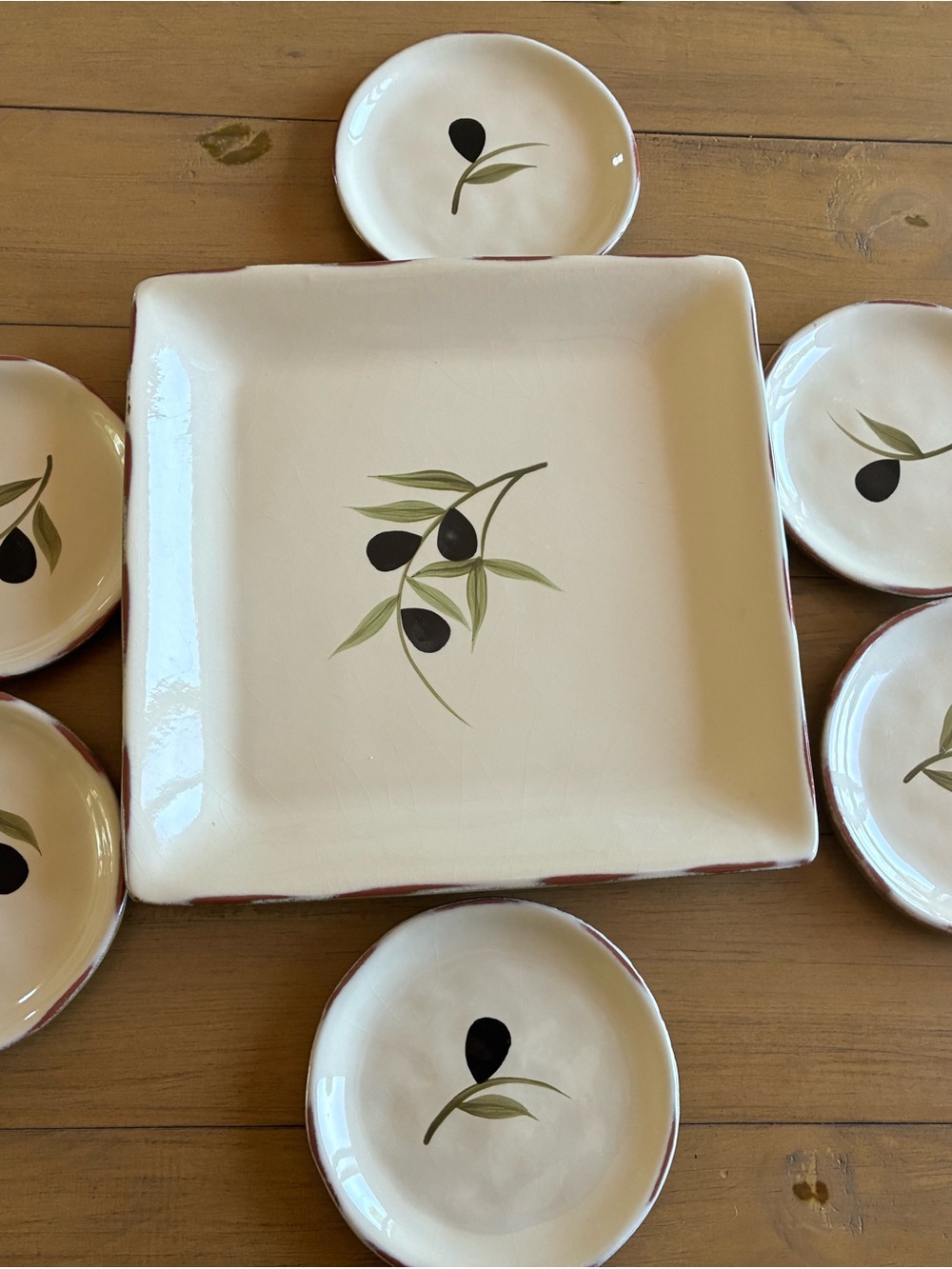 Cream Ceramic Olive Motif Serving Plate with Matching Appetizer Dishes